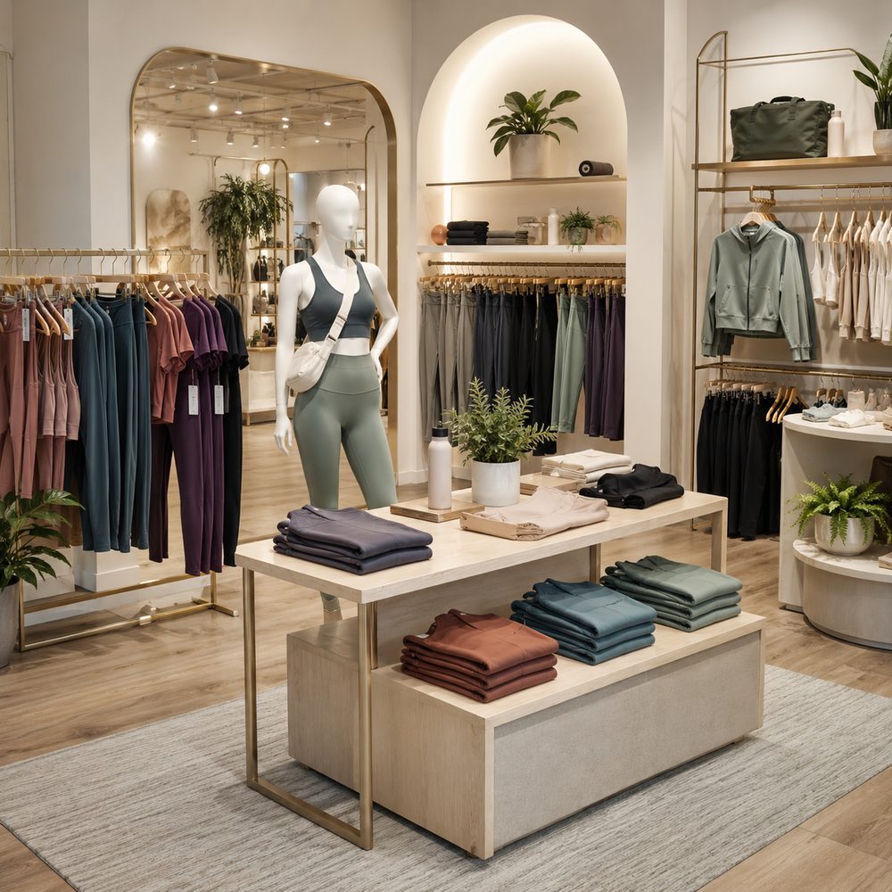 Apparel and lifestyle store interior with racks and folded knitwear