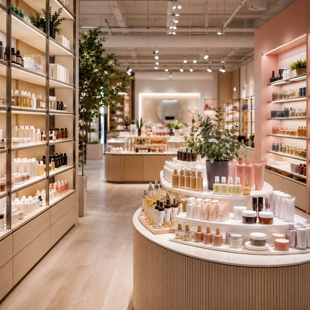 Beauty retailer store interior with lit product displays