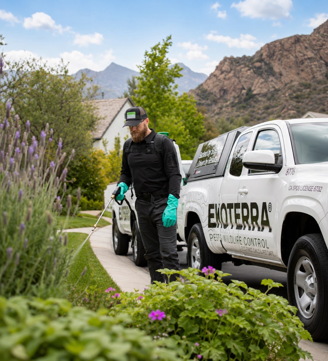 Ekoterra technician treating a home's landscaping beside a branded truck