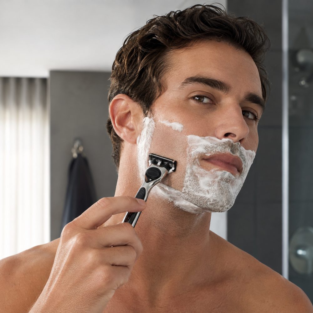 Man shaving with a razor in front of a bathroom mirror