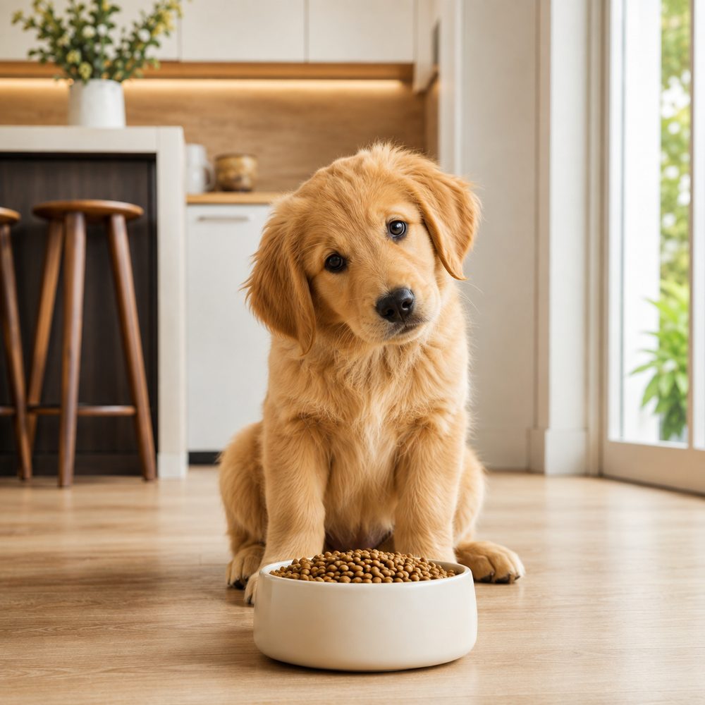 Golden retriever puppy sitting beside a bowl of kibble
