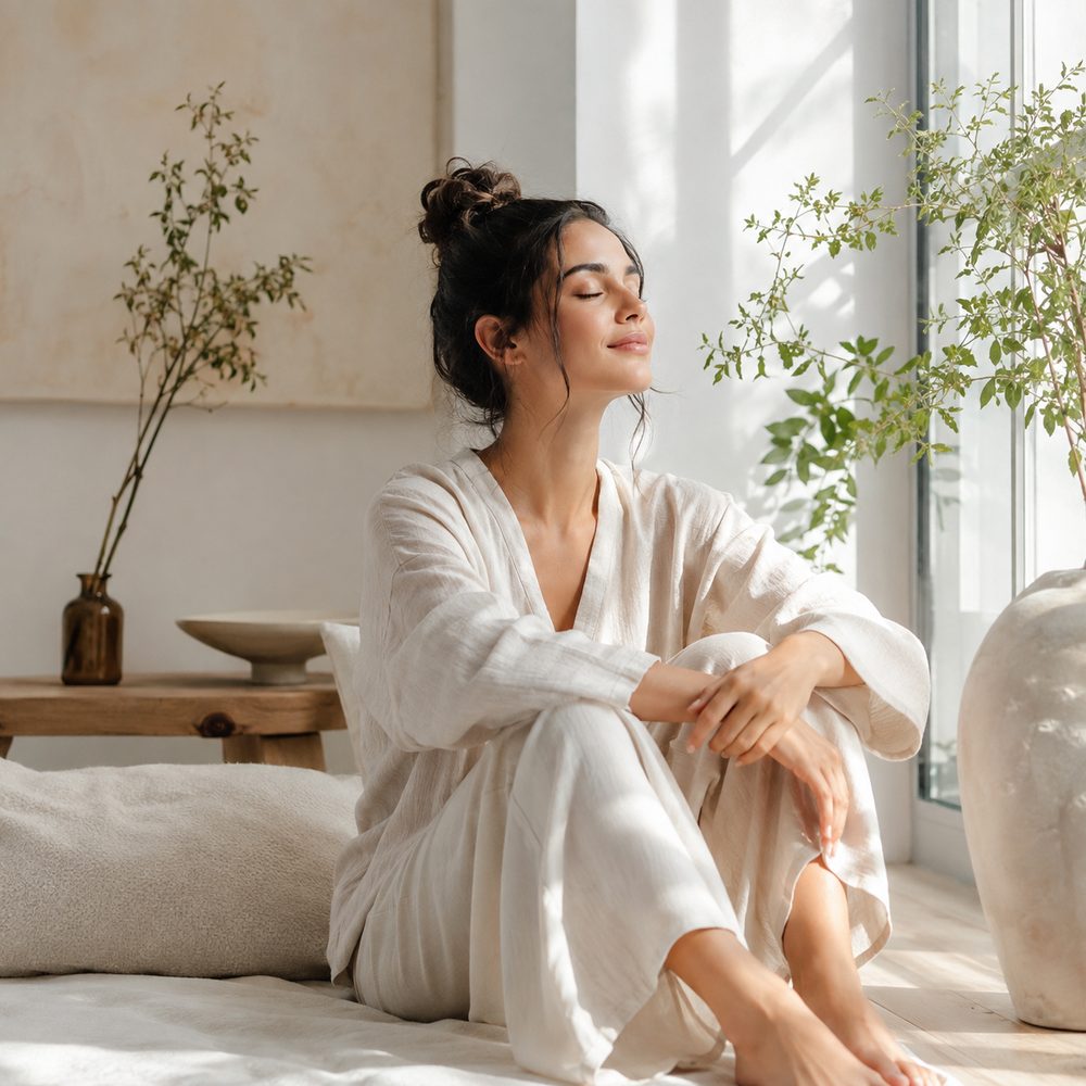 Woman in a linen robe sitting in a sunlit room